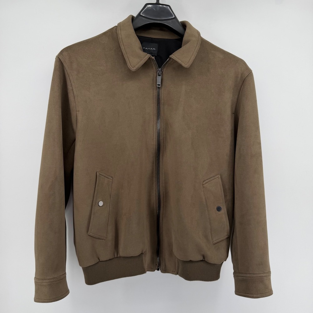 Tahari Bomber Jacket Mens Large Olive Brown Faux Suede Full Zip Casual Coat